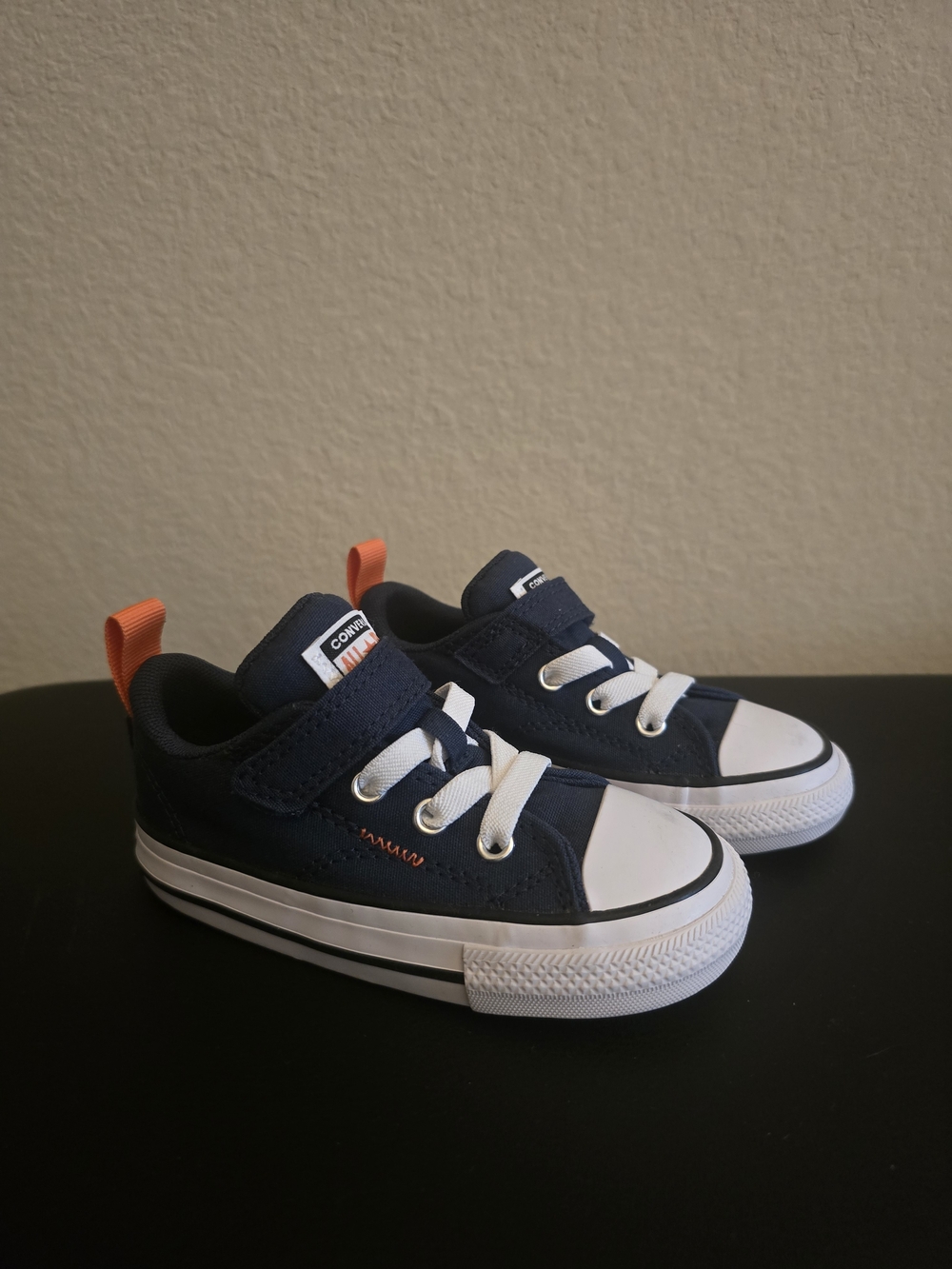 Converse Toddler Navy Canvas Sneakers with White Toe and Orange Heel Tab